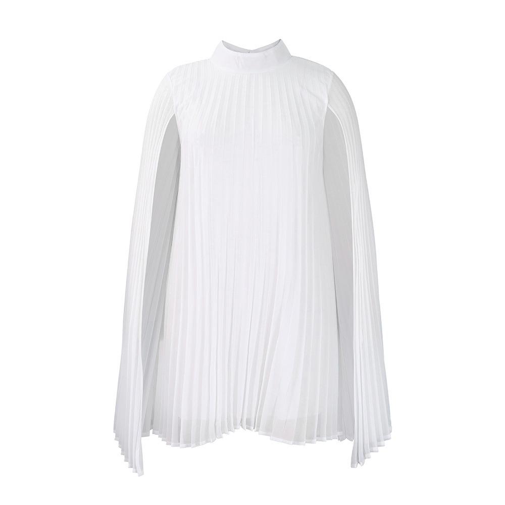 Women s High Neck Long Cape Sleeve Mini Dress Loose Fit High Waist Elegant Pleated Chiffon Party Dress Solid Color A Line Dress S
