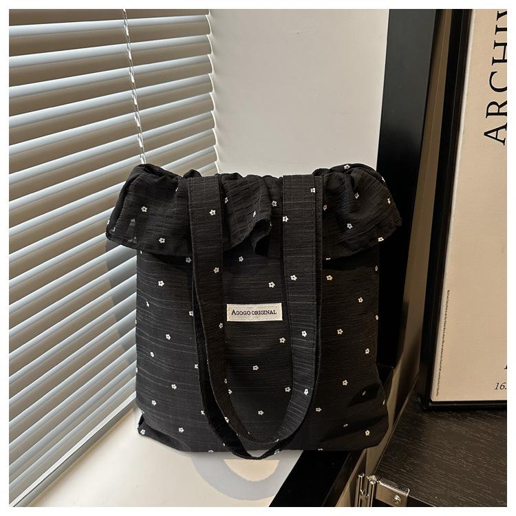 Korean Ins Pleated Ruffle Edge Handbag Bag Sweet and Cute Chiffon Shoulder Bag Women's Large-capacity Tote Bag