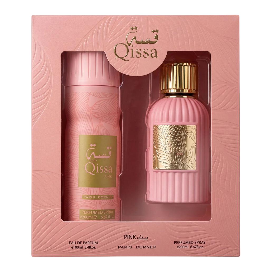 Set Paris Corner: Qissa Pink, Eau De Parfum, For Women, 100 Ml + Qissa Pink, Deodorant Spray, For Women, 200 Ml