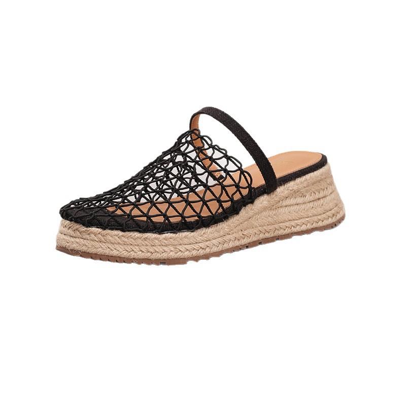 Hemp rope slope heel platform sandals women's mesh hollow breathable casual flat bottom cool slippers daily fashion breathable mesh