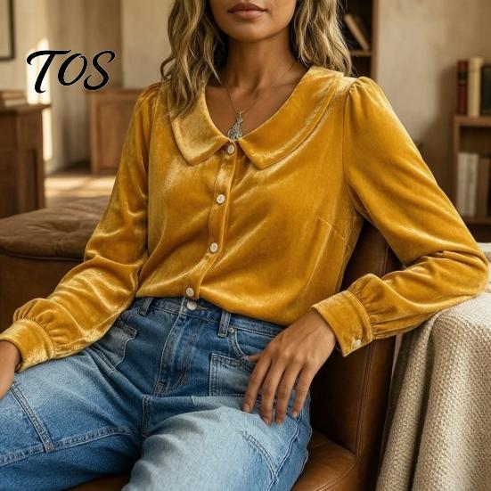 Long Sleeve Shirts Fall Winter Women Velvet Shirt, Regular Fit Button Down Daily Wear Top, Soft Solid Color Lapel Collar Blouse for Lady Autumn Shirt