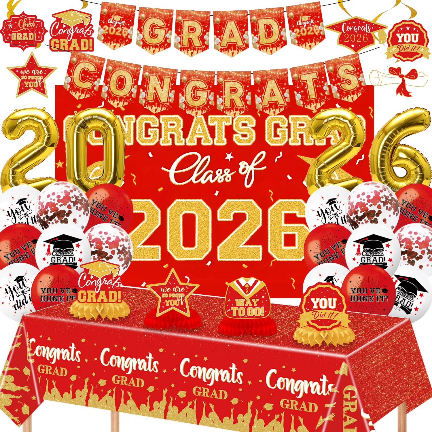 

Синий тематический набор украшений для выпускного - Баннер «Поздравляем, выпускник», Класс 2026, Комплект из шаров и гирлянд - Полный набор принадлежностей для вечеринки для старшей школы и