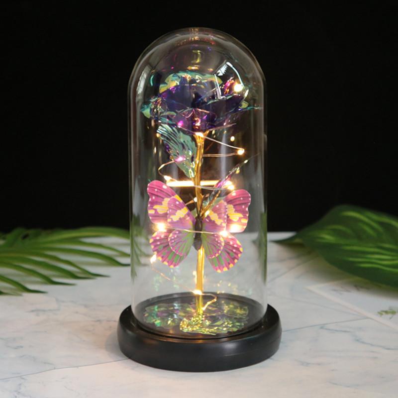 Butterfly Glass Cover Rose Ornament, Mother's Day Valentine's Day Creative Gift Gold Foil Flower LED Night Light