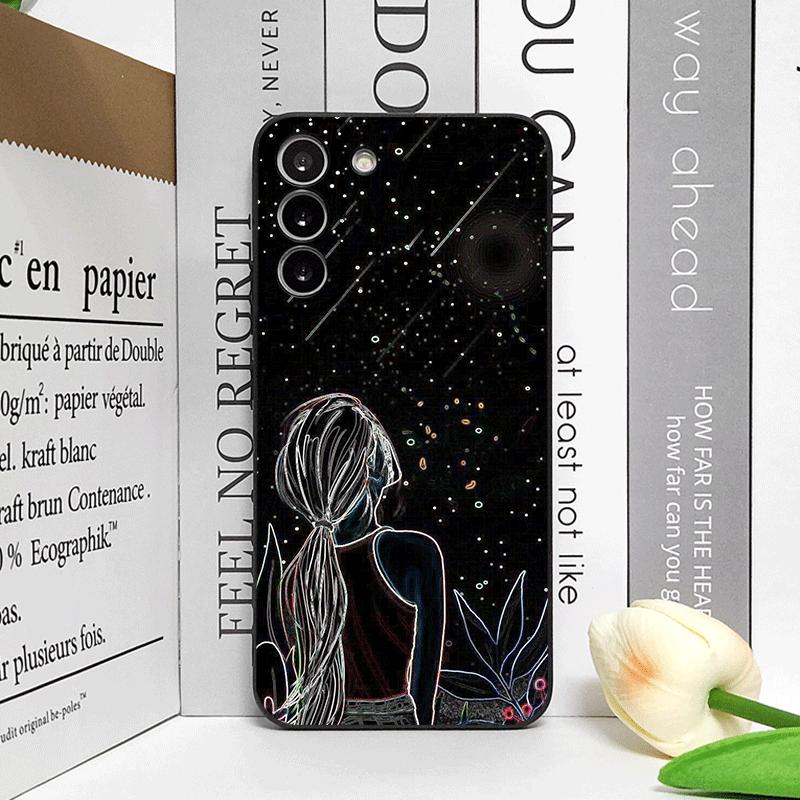 Creative Black Stardust Girl Pattern Phone Case for OPPO Reno 13 12F 11 10 Pro Plus A98 A74 A59 Find X8 X5 X3 Lite 5G Soft Cover