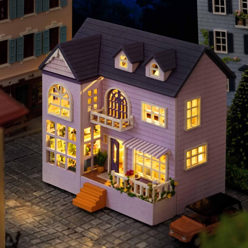 CUTEROOM Wooden Dollhouse Kit, DIY Miniature House, Easy To Assemble, Handmade Kit for Kids with LED Lights (D032)