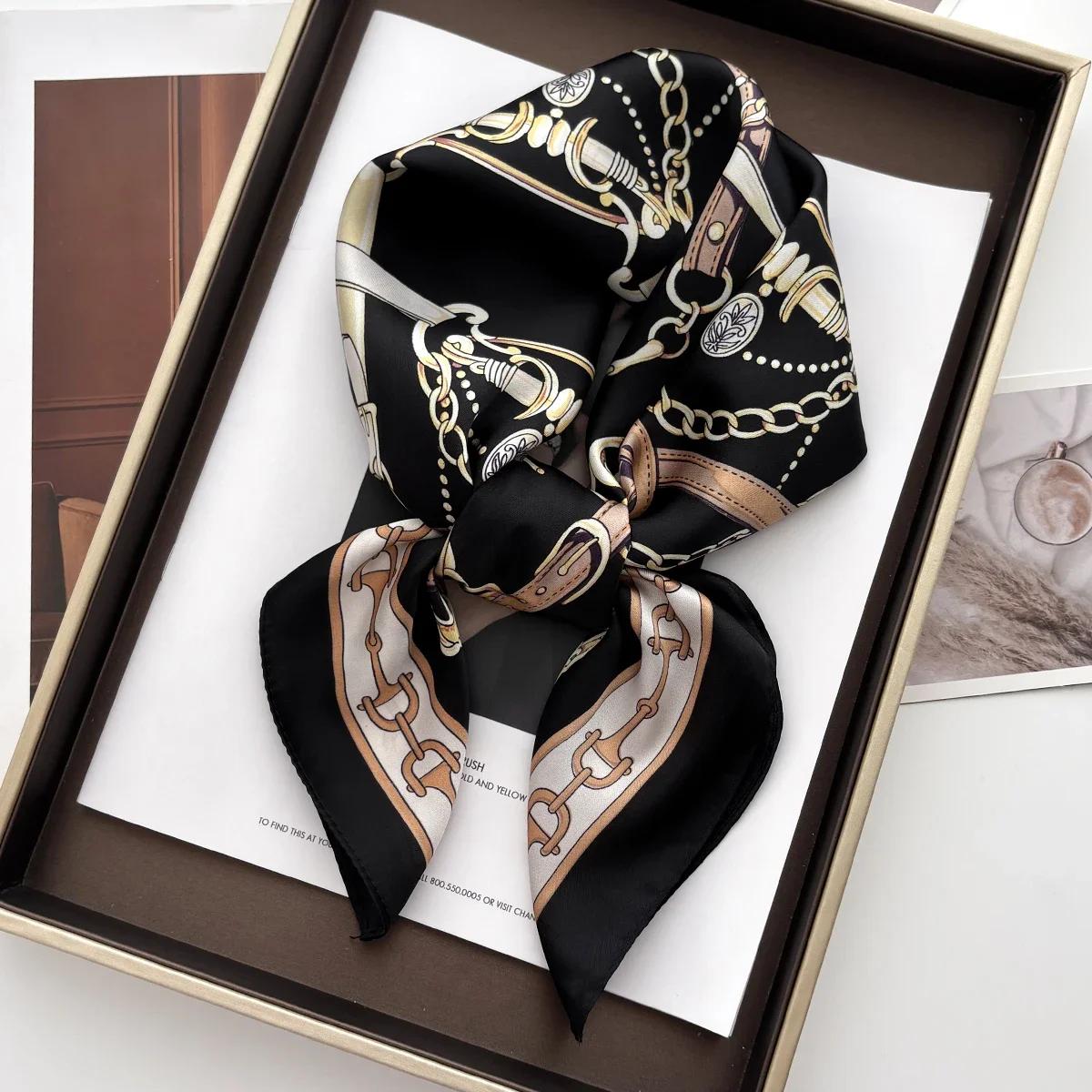 68Cm Retro Chain Print Scarf Head Scarfs For Women Luxury Polyester Fiber Thin Scarf Trendy Versatile Neck Gaiter Shawl Hijab