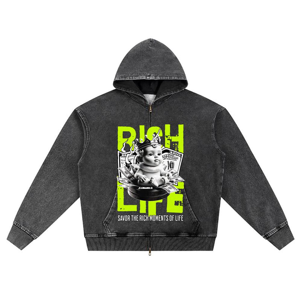 DTG Print Knitted Denim Zip-Up Hoodie Rich Life Streetwear Brother Print Zipper Hoodies