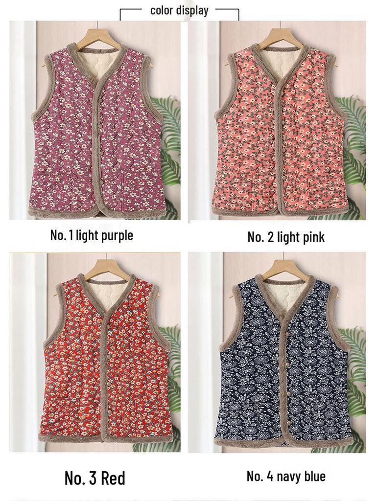 Mom's Floral Fleece-Lined Vest: Small, Cotton Sleeveless Jacket for Autumn/Winter Warmth, Princess Style