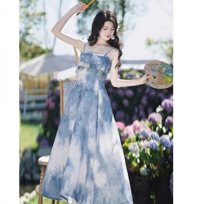 Guochao Stile Hong Kong Vestito Versatile Donna Estate Taglia Grande Versione Coreana di Alta Gamma Design con Spalline Gonne Vita Sottile Media e Lunga