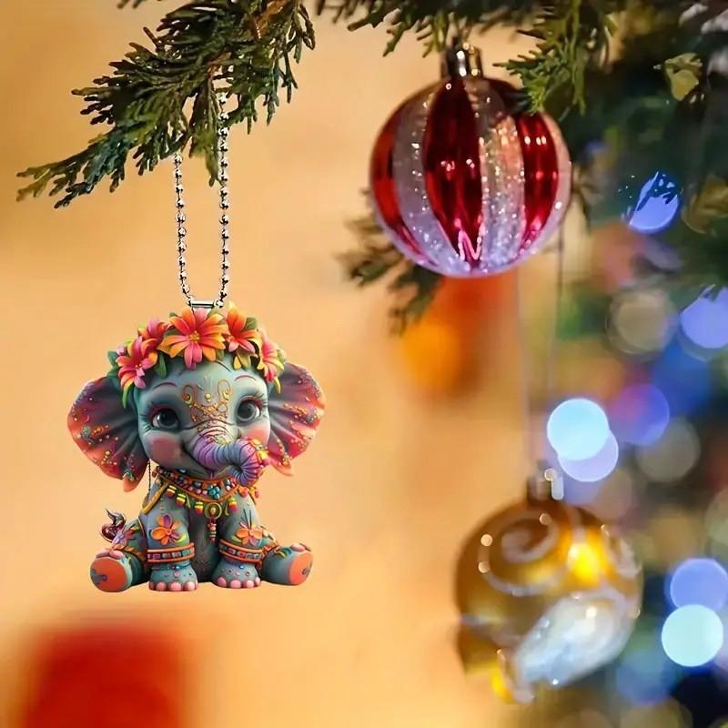 Cute Cartoon Flower Elephant Pattern Acrylic Pendant For Car Decor Accessories
