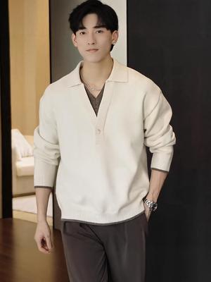 2025 Men's Faux Two-Piece Knit Sweater - Warm Lapel Polo Shirt, Double V-Neck Woolen for Autumn/Winter
