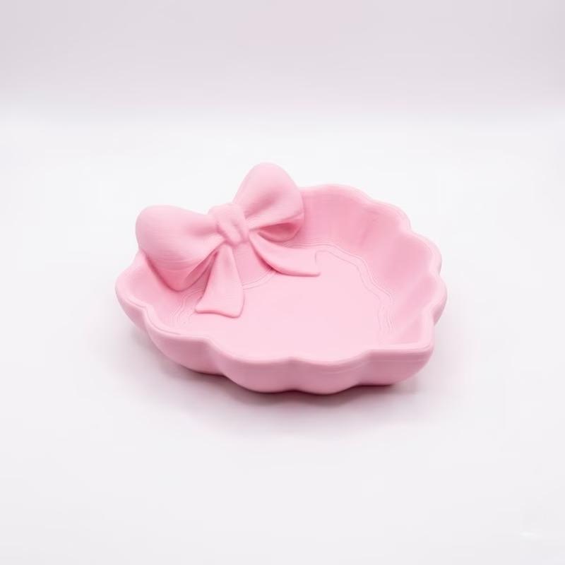 Herzförmige 3D-gedruckte Schmuckschale mit rosa Schleife, Elegante Dekoration für Tisch, Waschbecken & Schreibtisch, Perfekt für die Schmuckaufbewahrung
