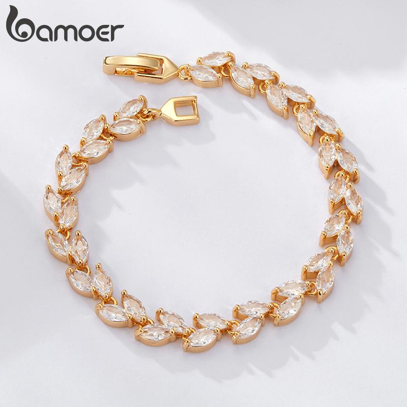 BAMOER White Gold Plated Sparkling Cubic Zirconia Classic Olive Leaf Bracelet, Gold Bracelets for Women Fashion Jewelry