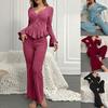 Women's V-neck Cardigan with Ruffled Bell Sleeves Long-Sleeved Pajama Set with Long Pants