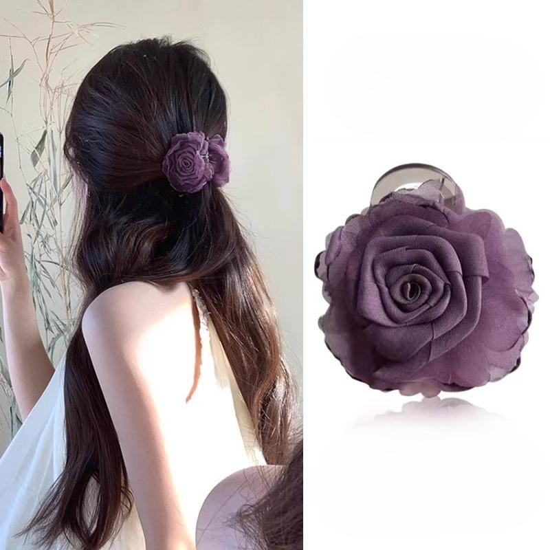 Fabric Rose Flower Hair Claw Clip for Women Girl Hair Grab Clip Barrette Plastic Ponytail Clamp Summer Headwear Hair Accessories