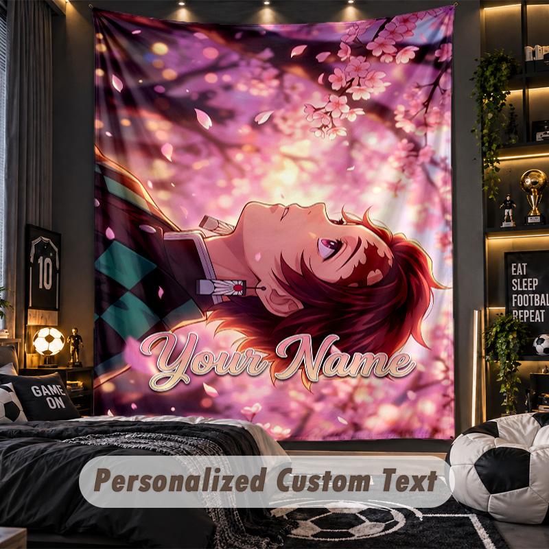 Personalized Wall Tapestry,Demon Slayer Custom Printed Name, Fabric Wall Art For Indoor Room Backdrop