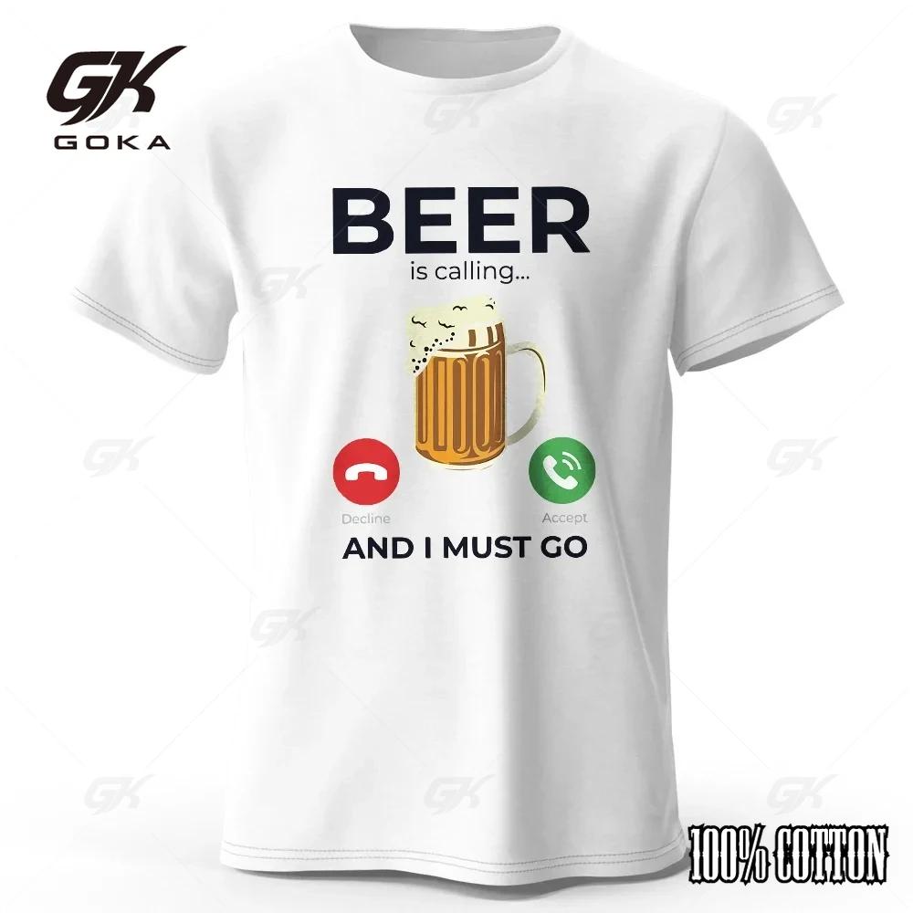 Beer Is Calling I Must Go Printed Mens TShirt 100 Cotton Oversized Funny Graphic Tees for Men Summer Tops S