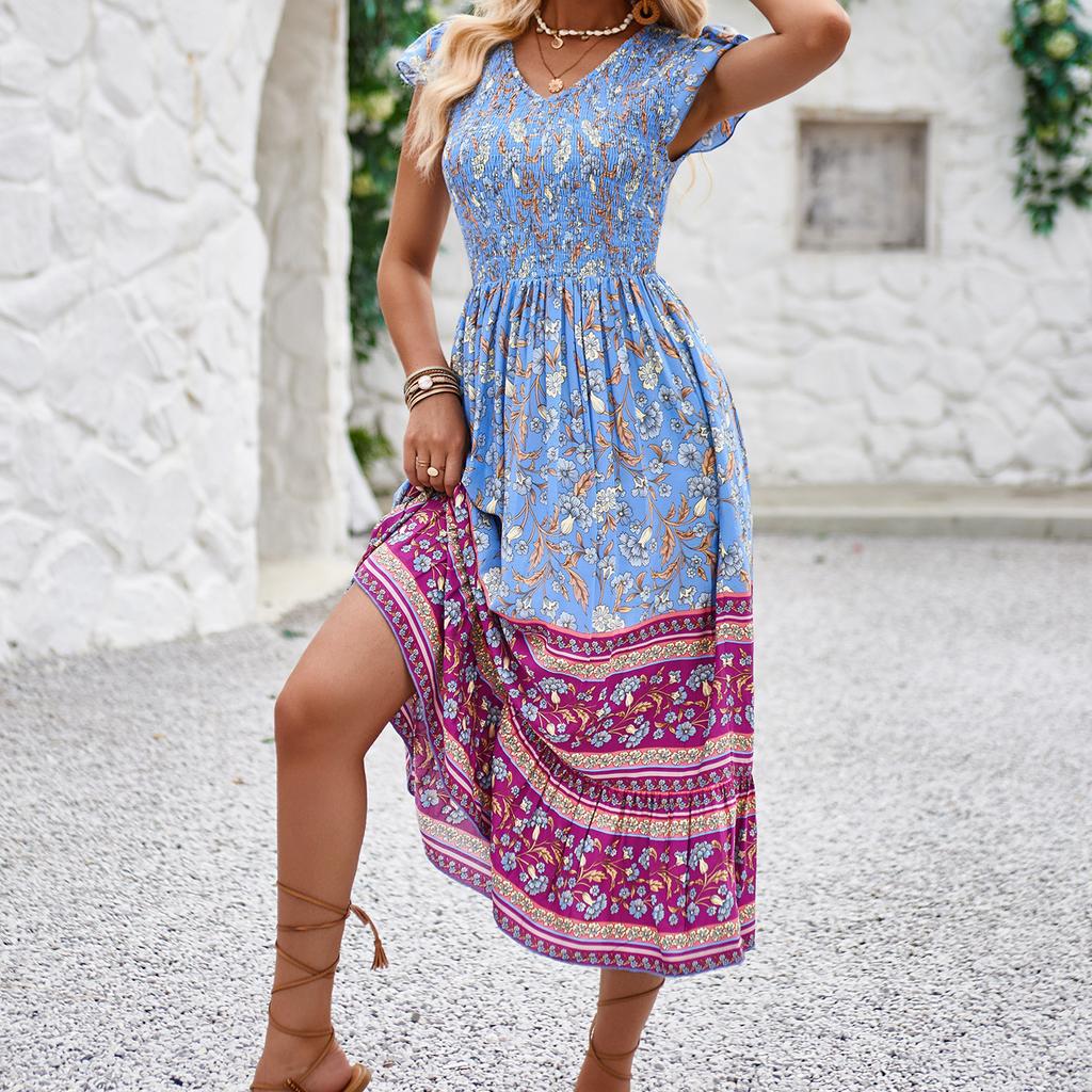 Sommerliches Freizeitkleid Neuer Druck V-Ausschnitt Flatterärmel Böhmischer Stil Kleid