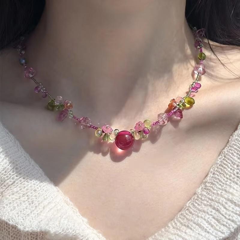 New Cute Aesthetic Resin Cherry Fruit Flower Pendant Bead Choker Clavicle Chain Necklace For Girls Y2K Charm Jewelry Accessories