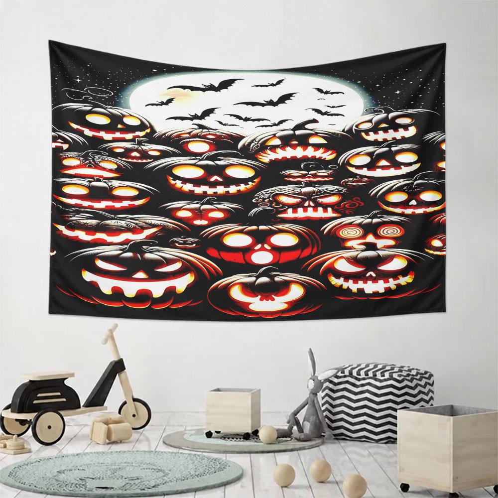 "Halloween Pumpkin Faces & Flying Bats" Pattern Wall Hanging Tapestry Decorative Tapestry Home Decor for Bedroom and Living Room