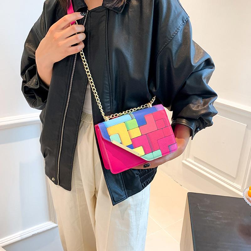 Women PU Leather Small Square Flap Sling Shoulder Bag Summer Contrast Color All-match Chain Crossbody Bag KTY