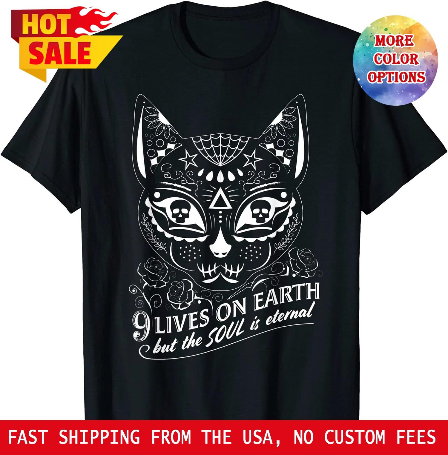 Sugar Skull Cat Halloween Day Of The Dead Fun Tee Unisex T-Shirt S