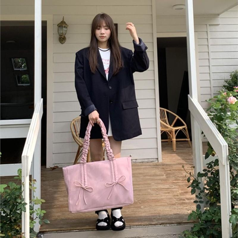Sweet Cute Pink Bow Tote Bag Women Large Capacity Pleated Handle Shoulder Bag Ladies Casual Versatile Crossbody Purse Chic 2025