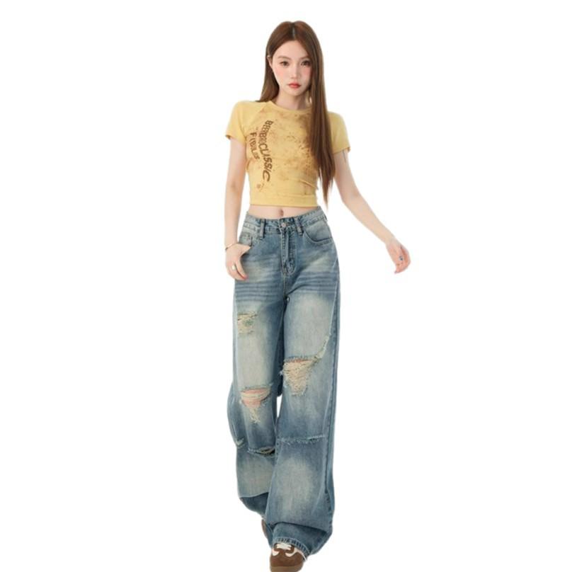 Comfortable Broken Hole Washed Wide-legged Jeans Women's Autumn Loose High Waist Thin Straight Dragging Long Trousers Jeans for Women Long Denim Pants
