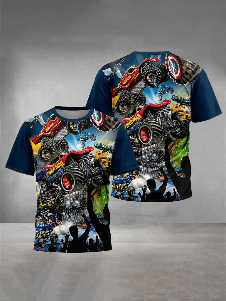 2026 Lato Dzieci Monster Jam Kreskówkowy Ciężarówka Druk 3D Okrągły Dekolt Krótki Rękaw Koszulki Outdoorowe Codzienne Bluzki dla Chłopców Dziewcząt
