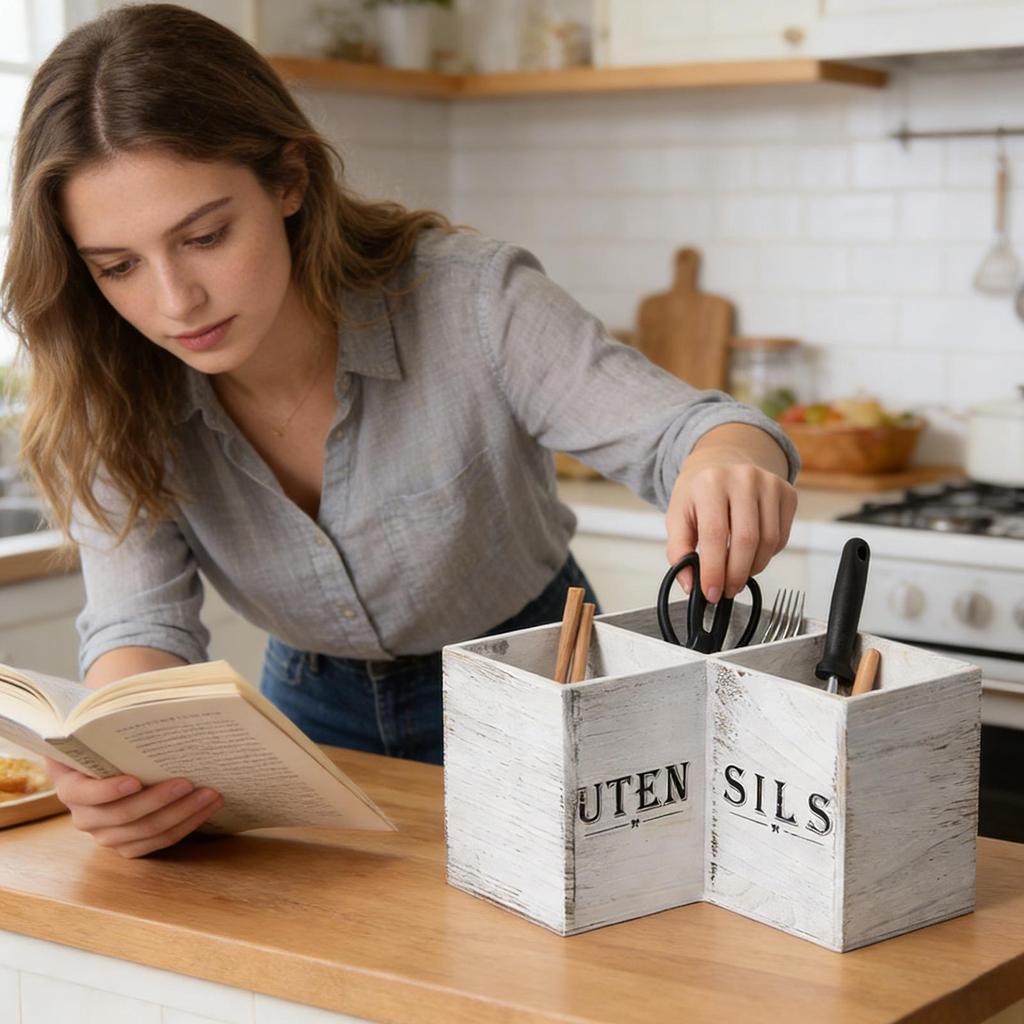 Wooden Kitchen Corner Cutlery Storage Box Household Countertop Spoon And Chopstick Container 3 Compartments Utensil Holder