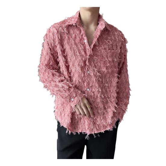 

Мужская рубашка с нагрудным карманом и кисточками, отложным воротником, однобортная, с длинными рукавами, однотонная, для праздничной рождественской вечеринки, клубный топ XL арбуз красный