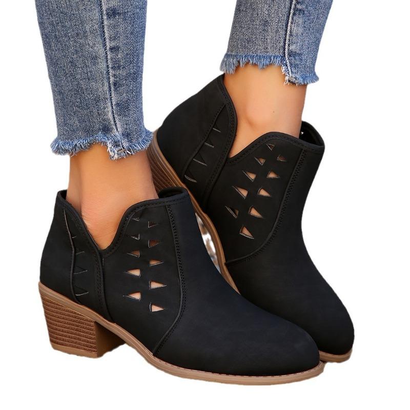Large size hollow breathable thick heel low-top short boots autumn and winter new round head foot cover holiday daily bare boots