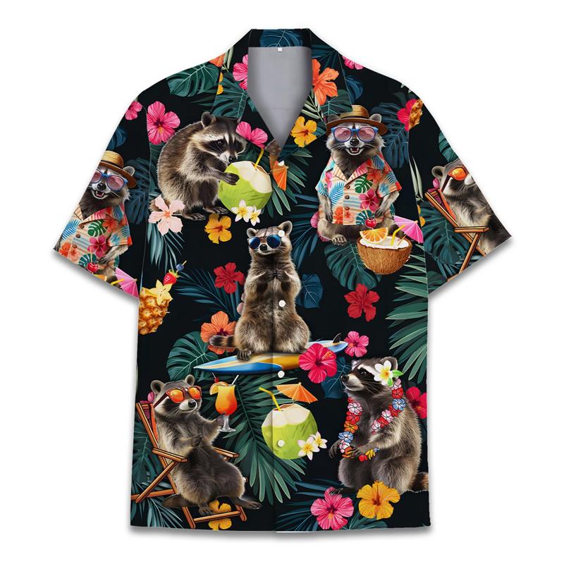 Magliette Divertenti con Stampa 3D di Procione da Uomo Camicetta Casual Hawaiana a Maniche Corte con Collo a Revers Camicia a Maniche Corte Estiva da Donna per le Vacanze