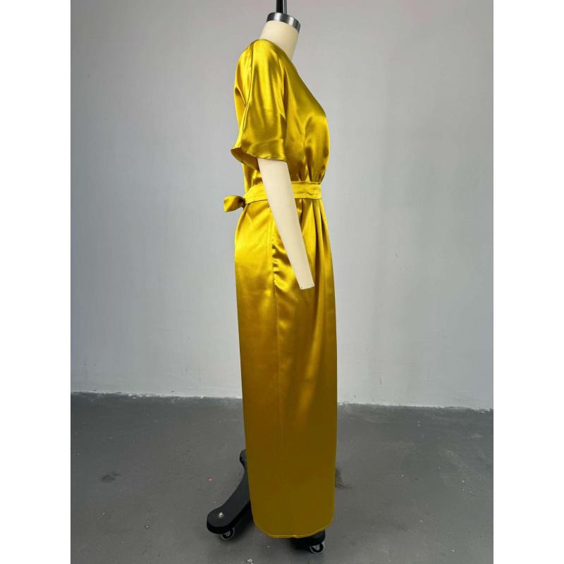 Women'S Summer New Elegant V-Neck Short-Sleeve High-Waisted One-Piece Slit Dress Long