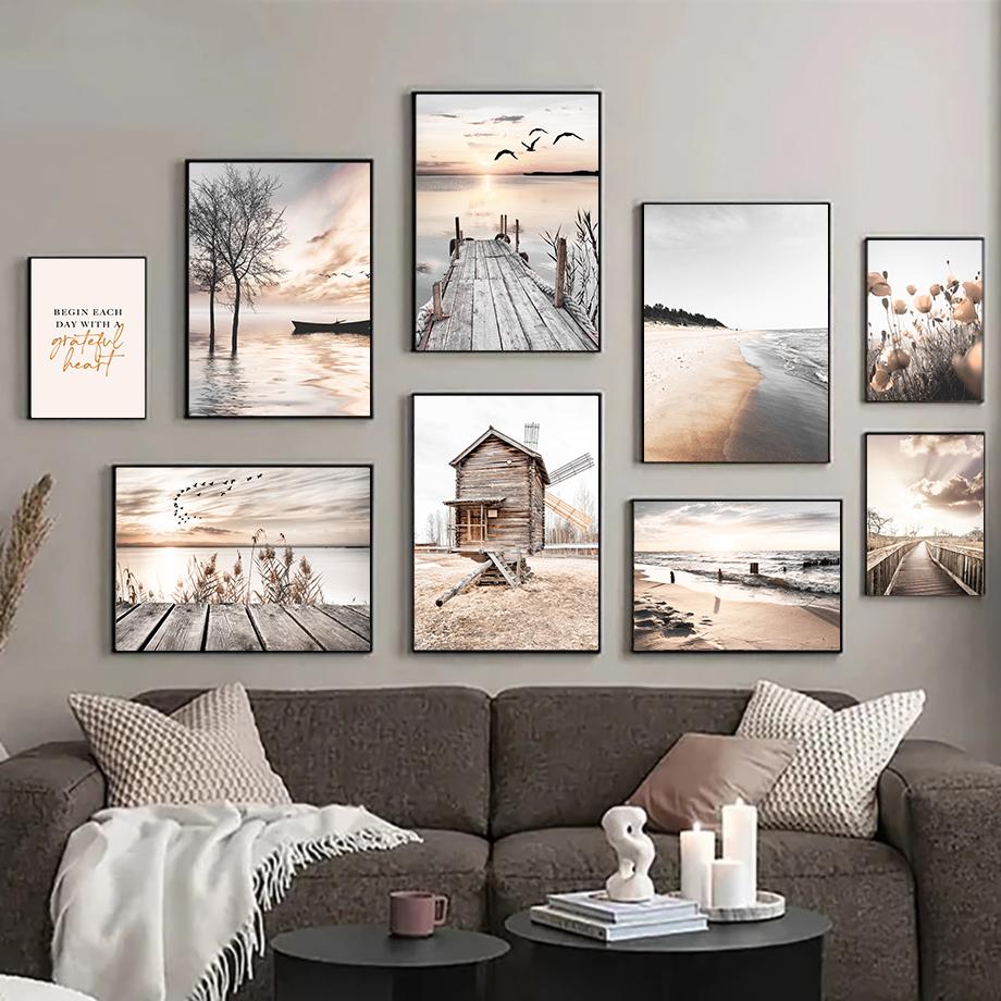 Log Cabin Lake Bridge Flower Bird Coast Wall Art Canvas Painting Modern Living Room Decor Posters And Prints Home Wall Pictures