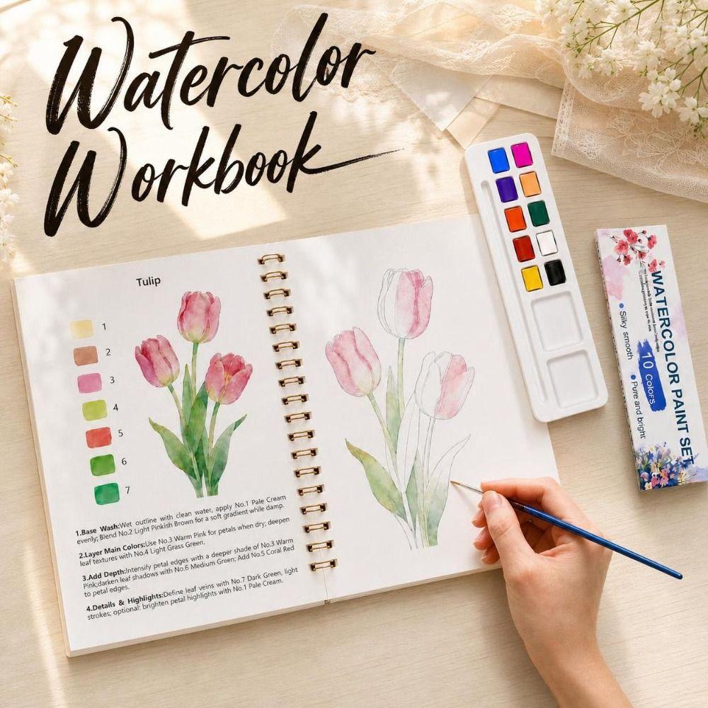 Spiral-Bound Watercolor Workbook Flower Scenery Animal Coloring Sketchbook Painting