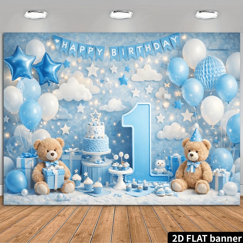 2D Ebene Doppel Babybären Blau und Weiß 1. Geburtstag Hintergrundtuch - Doppel Babybär Puppen Design