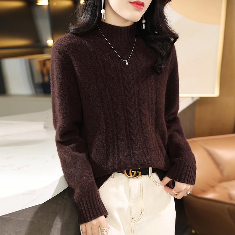 Women's Cable Knit Wool Sweater - High Neck, Thick, Long Sleeve, Autumn/Winter