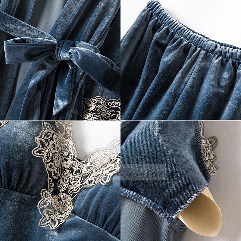 Catifea femeie pijamale pijamale set din patru piese sexy dantelă garnitură halat de baie pantaloni costume toamnă iarnă din catifea haine acasă haine de lounge
