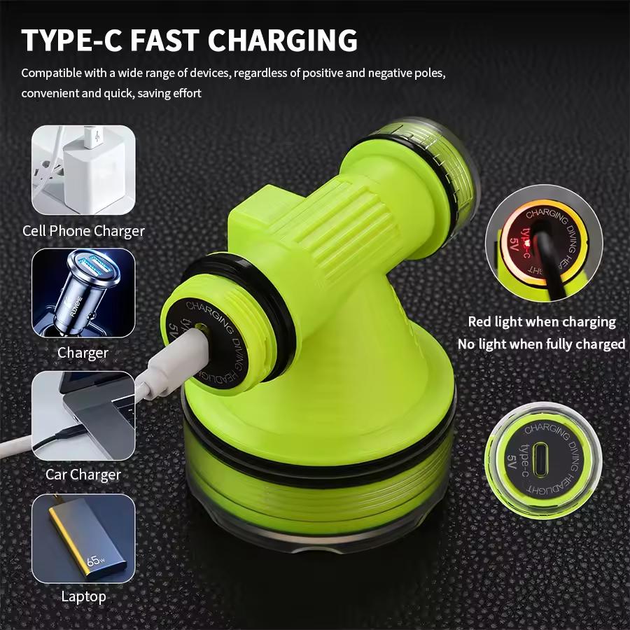 Newest Professional Diving Headlight Rechargeable Underwater Lantern IPX8 Waterproof Super Bright Diver Spearfishing Headlamp
