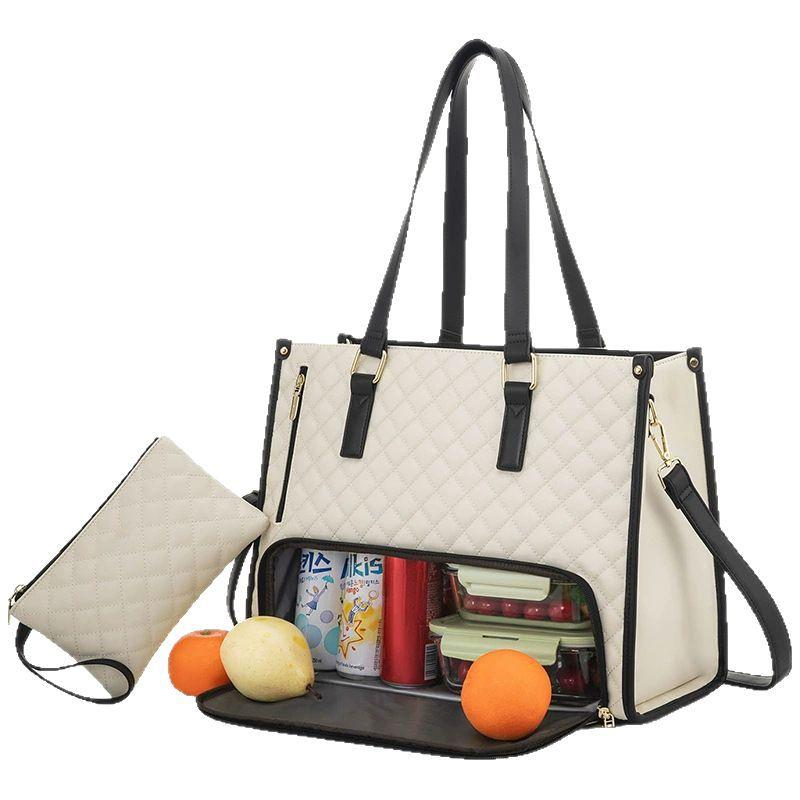 2 in 1 Handtasche Lunchtasche Kombinationsbeutel Große Handtasche Damen Isolierte Lunchbox Damen Schräge Umhänge Computertasche