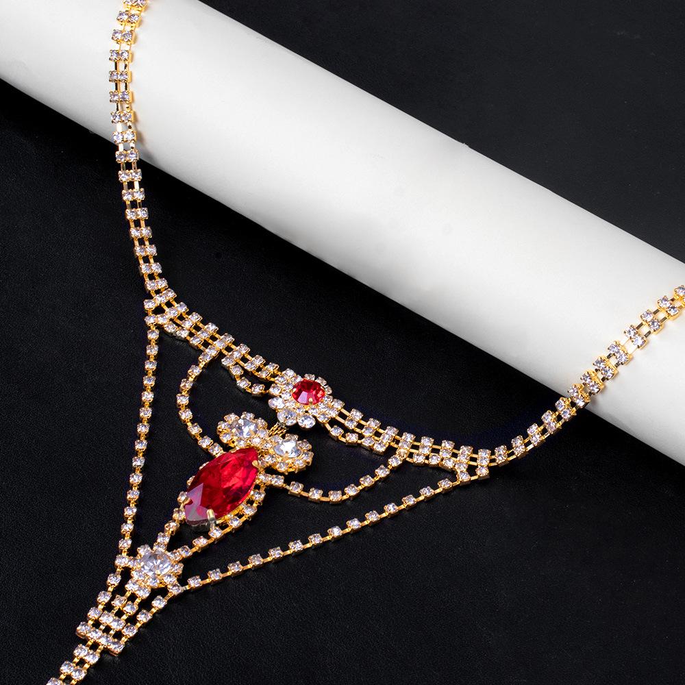 European & American Sexy Rhinestone Ruby Thong Bikini Body Chain for Women