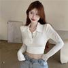 Women's Polo Collar Long Sleeve Crop T-Shirt Slim Fit Waist Cinched Solid Color Sexy Ribbed Knit Cropped Layering Top Autumn Commuter Blouse