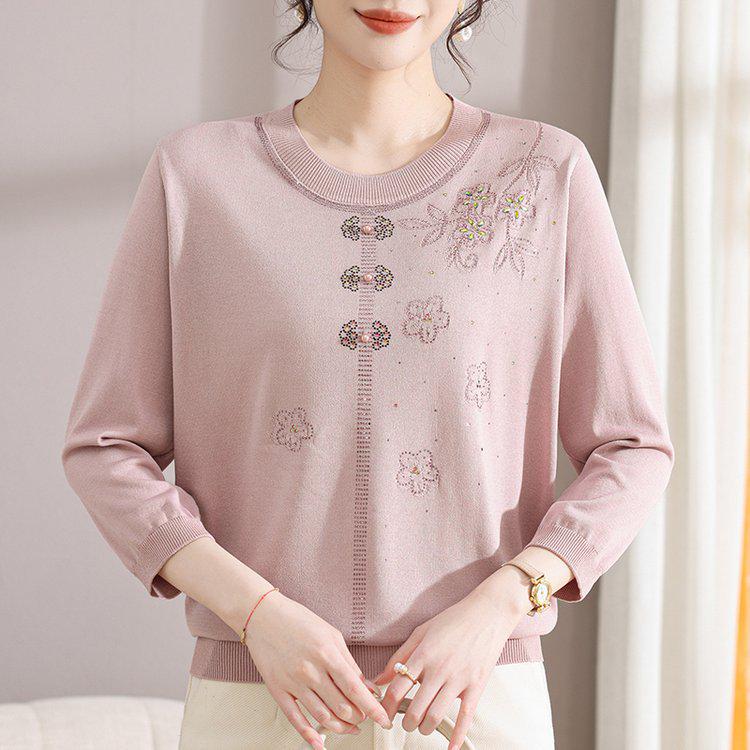 Chic Plus Size Round Neck Sweater for Middle-Aged Women - Comfortable 3/4 Sleeve Knitwear