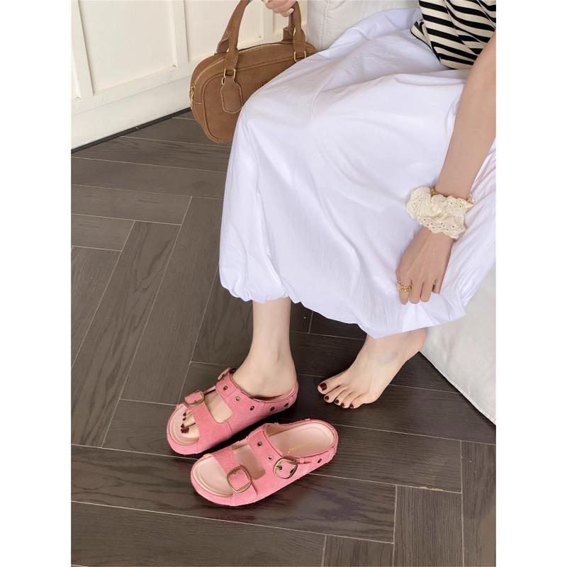 

Thick-bottomed heightening Boken cool slippers women s summer new leather flat-bottomed casual belt buckle one-word slippers 39 розовый