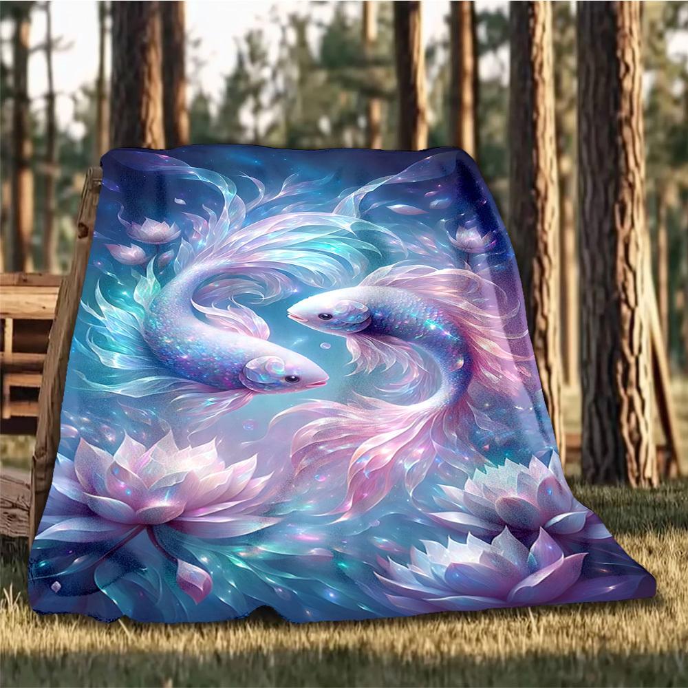 1pc Fantasy Fish Artwork Throw Blanket Polyester Fiber, Lightweight Flannel, Soft & Warm, All Season Use for Outdoor, Camping Digital Print