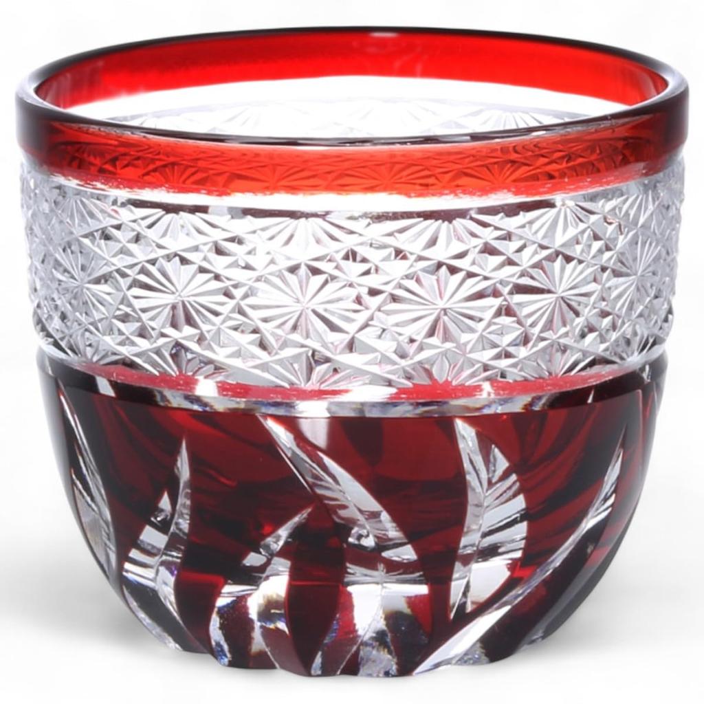 Mizukage Kiriko Glass Japanese Sake Diameter 60mm X Height Current Model J-kitchens Cup, Cup, 50mm, 70cc, Obi-shibori Pattern, Red,