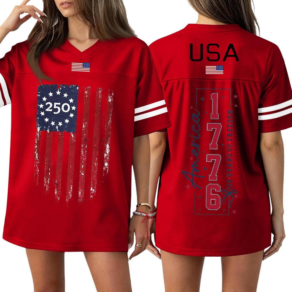 Women's Casual Fashion V-Neck Sports Independence Day Print Short Sleeve Sports T-Shirt Top