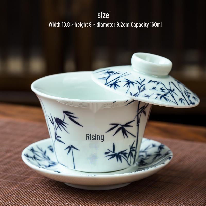 Blue & White Porcelain Covered Kung Fu Tea Bowl - Large Ceramic Sancai Household Set