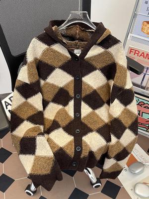 Unisex Colorblock Diamond Pattern Knit Cardigan with Hood, Long Sleeve, Korean Style for Autumn/Winter - Loose Fit for Men & Women